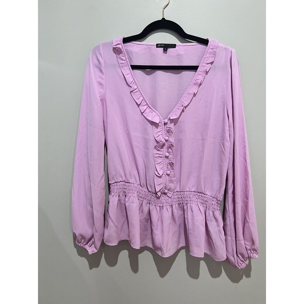 Gibson Purple V-Neck Long Sleeve Blouse with Elastic at Wasit and Sleeve - Small